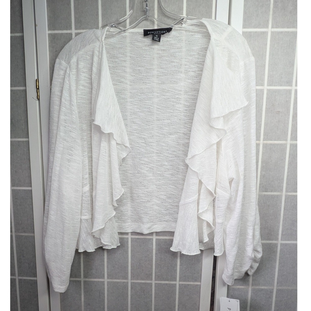 Perceptions New York Womens Cardigan 1X NWT White Ruffle Open Front Lightweight